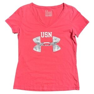UNDER ARMOUR HeatGear Pink USN Charged Cotton V Neck Semi Fitted SS Tee Size L